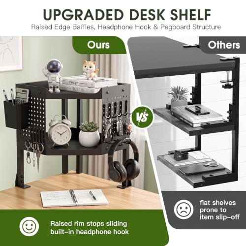 2-Tier Metal Clamp On Desk Shelf, Desk Organizer with 2 Pegboards and Hooks | Heavy Duty Corner Desk Shelf with Removable Pegboards Headphone Holder Pencil Cup and Hooks for Desk organizers Accessories