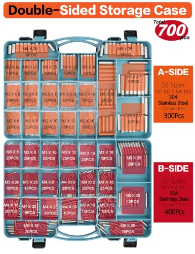Dowel Pin Kit 304 Stainless Steel 700 Pcs 42 Sizes M2-M8 W/ Case - size: 42 Kinds