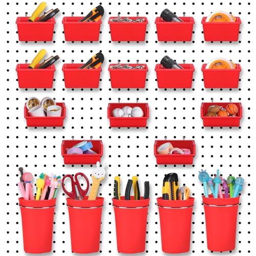 Yookeer 20 Pcs Pegboard Bins and Cups Accessories with Hooks, Red - color: Red