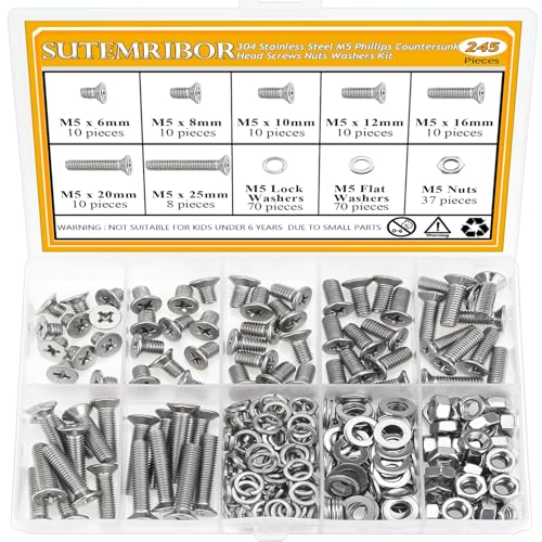 245 Pieces M5 Machine Screws Nuts Washers Set, Sutemribor M5 x 6/8/10/12/16/20/25mm Phillips Countersunk Head Machine Screws Nuts Washers Assortment Kit, 304 Stainless Steel, Fully Threaded - size: M5, style: Phillips Countersunk Head