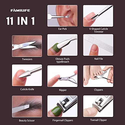 FAMILIFE Stainless Steel Manicure Set 11-in-1 Professional Nail Clipper Kit | Portable Leather Travel Case, Pedicure & Grooming Tools for Fingernails & Toenails, Luxury Gift for Men & Women, Dark Violet - color: Purple
