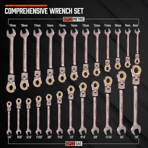 HORUSDY 24-Piece Flex-Head Ratcheting Wrench Set, Metric(8–19mm) & SAE(1/4-7/8") Combination Wrenches, 72-Tooth CR-V Steel, Ratchet Spanners with Wrench Organizer for Repair - style: 24-Piece Flex-Head Ratcheting - Pro Complete