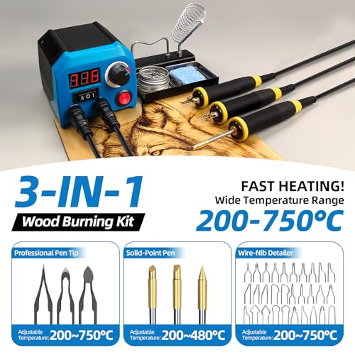 FIRElood LH55-Z2-NS3 wood burning pen Wood Burning Tool Pen 200~750℃, Wood Burning kit with Digital Thermometer,3 pyrographic Wood Burning pens, 3 solid copper pen tips, 33 Wood Burning Pen Tips