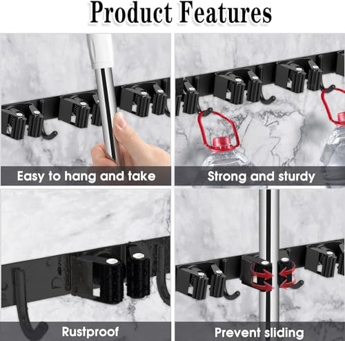 Black Broom Holder Wall Mount, 5 Racks 4 Hooks Mop and Broom Organizer - color: 5 Racks & 4 Hooks (Black) - 1 Pack