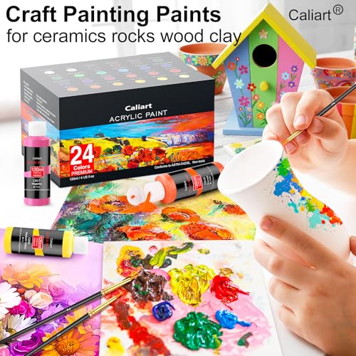 Caliart 24 Colors Acrylic Paint Set Large Bottles 4oz with 12 Brushes - color: Regular, size: 4 Fl Oz (Pack of 24)