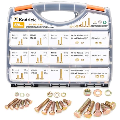 Kadrick 820Pcs Grade 8.8 Metric Bolt Assortment, M6 M8 M10 Hex Heavy Duty Bolts and Nuts Kit,M6 x1.0 M8 x1.25 M10-1.5 (12mm to 45mm),Yellow Zinc Plated - size: 820Pcs M6-M10 HEX Yellow