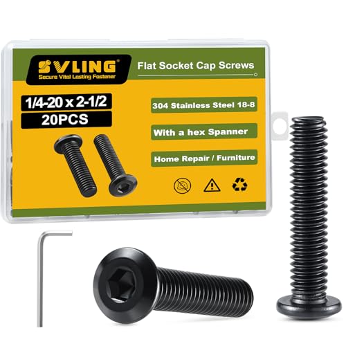 1/4-20 x 2-1/2" Bolt, 20PCS Flat Head Hex Socket Cap Screws Bolts, 304 Stainless Steel 18-8, Fully Threaded, Black Zinc Finish, with Hex Spanner - color: Black, size: 1/4-20 x 2-1/2