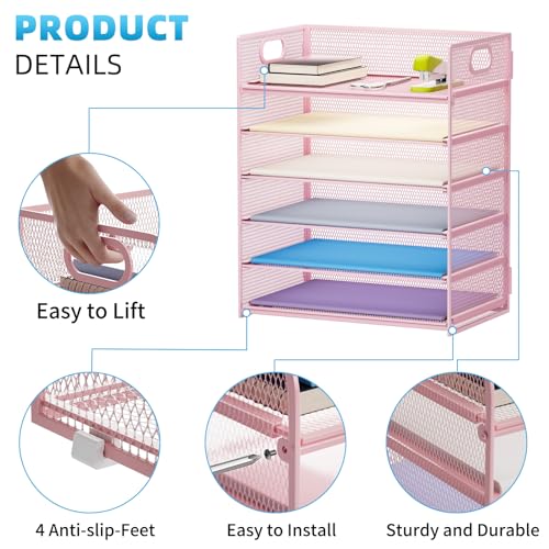 Marbrasse 2 Pack Desk Organizer with Handle, 6 Tier Paper Letter Tray, Mesh Desk File Organizer for Office, School and Home - Pink - color: 2 Pack 6 Tier - Pink