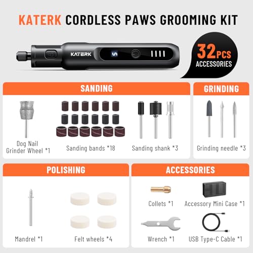 Katerk Pet Dog Nail Grinder - 5 Speed Quiet 32PCS Electric Dog Nail Trimmer - color: Black