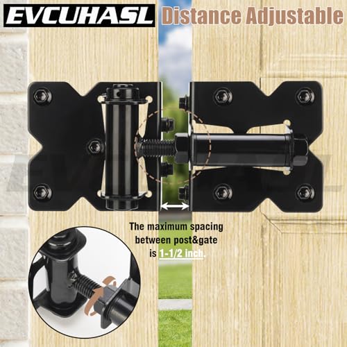 Self Closing Gate Hinges Heavy Duty for Vinyl/Wooden Fence Gates, 90 Degree Adjustable Gate Door Hinges Hardware Kit with Swing Adjuster Tool and Self-Tapping Screws, 2 Pack, Non-Weld Black Finish