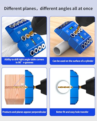 VASTHOME Aluminum 30/45/90° Angle Drill Guide Jig for Woodworking - Precision Angled and Straight Hole Drilling with Bubble Level, for Stair Handrail, Deck Post, Cable Railing, Furniture Assembly - color: Aluminum Blue