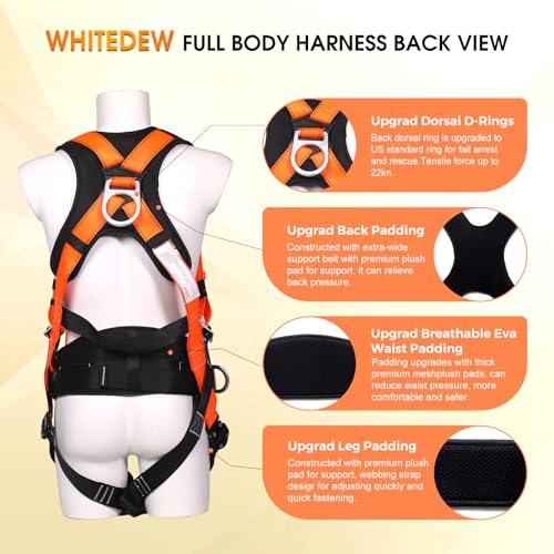 Fall Protection Premium Safety Harness with Shock Absorbing Lanyard, Vented & Padded Shoulder, Legs & Back - Upgrade 4 Quick Buckles (Orange) - color: Orange