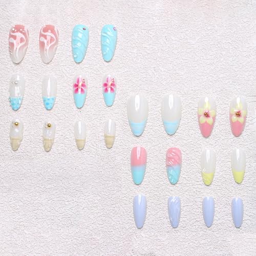 3D Color Press on Nails Almond - Medium French Tip Fake Nails with Embossed Flower&White Bead Designs, Glossy Finish Reusable False Nails for Women Manicure(3D Embossed design 10) - color: 3D Embossed design 10