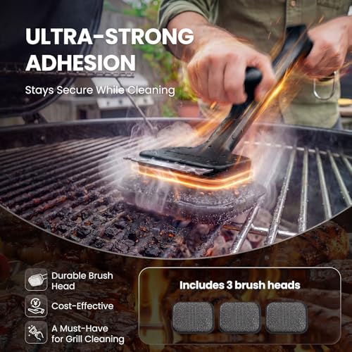 ThermoMaven Bristle-Free BBQ Grill Brush - No Wire Risk Steam Cleaner Removes Burnt Grease Fast - 17" Cool-Touch Handle, Scraper & 3 Replaceable Heads for Gas, Charcoal & Cast Iron - size: Black 3pcs-Small