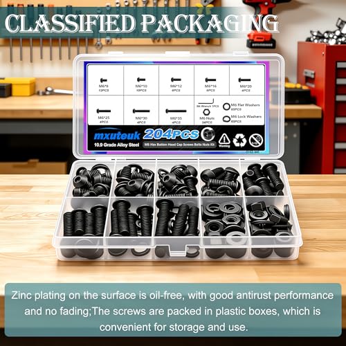 mxuteuk 204PCS M6 Screws,M6x8/10/12/16/20/25/30/35mm Hex Button Head Cap Bolts with Nuts & Washers,10.9 Grade Alloy Steel Black Zinc Screws Assortment Kit for 3D Printing,DIY - size: 204PCS M6