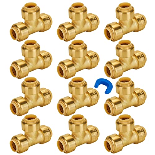 SUNGATOR 1/2 Inch Tee, Push Pex Tee Fittings 1/2 Inch, Brass, 12-Pack - color: Brass Tee, 12 Pack, size: 1/2 Inch