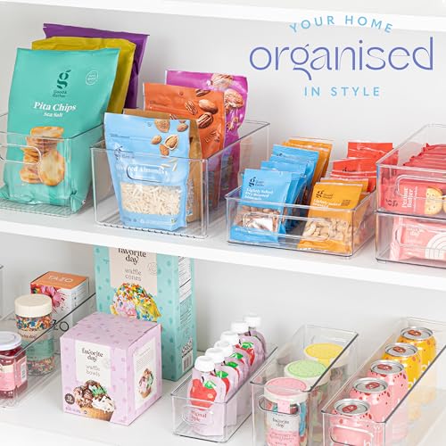 Plastic Food Storage 6 Pack Clear Container Bin with Handles for Organizing Kitchen, Pantry, Refrigerator, Freezer, Pantry, Cabinet, Closet, Bathroom. Stackable 10”x8”x3” - size: 10x8x3