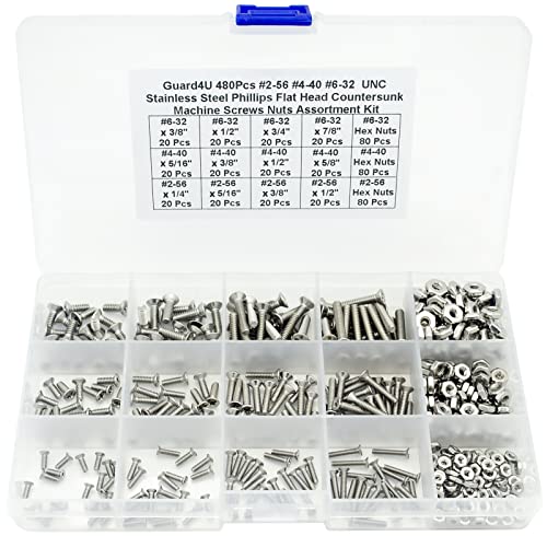 480Pcs #2-56#4-40#6-32 UNC Stainless Steel Phillips Flat Head Countersunk Machine Screws Nuts Assortment Kit - size: #2-56,#4-40,#6-32