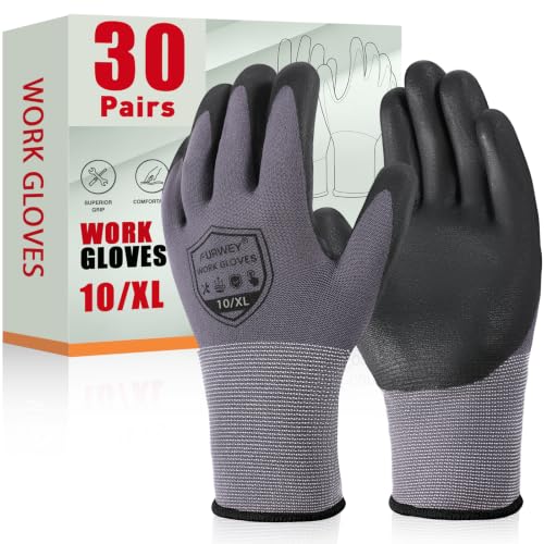 FURWEY Work Gloves,8/30 Pairs Nitrile,24 Pairs PU,Seamless Nylon Knit - color: Black Gray-30pairs, size: Medium