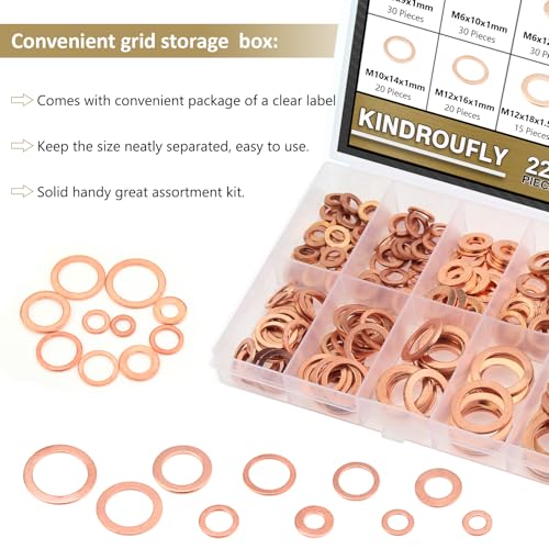 225 Pieces Copper Metric Flat Washers, Sealing Washers, Kindroufly 10 Sizes Copper Washers, Metal Washers Assortment Kit (M5 M6 M8 M10 M12 M14 M16)