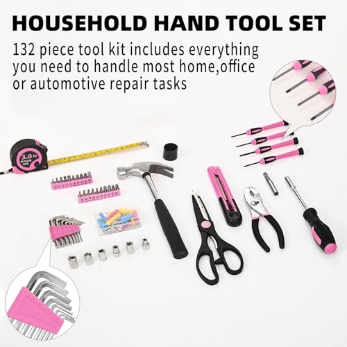 HANGYING 132-Piece Home Tool Kit for Women with Plastic Toolbox Pink - color: Light Pink