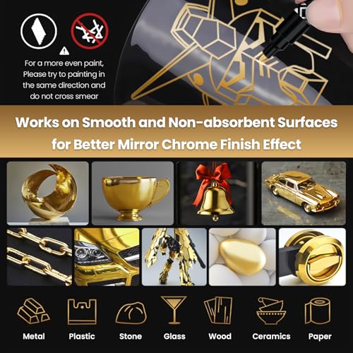 BIGTHUMB 3Pcs Liquid Chrome Paint Markers, Gloss Mirror Marker, Oil-based Permanent Chrome Maker, Reflective Metallic Pen Markers for Repairing, Model Painting DIY Art Projects, Gold - style: 3PCS Gold