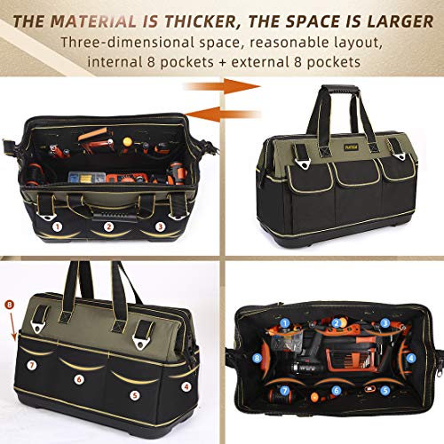 FASTECH 22-inch Wide Mouth Tool Bag with Water Proof Molded Base，Wide Mouth Tool Tote Bag,Waterproof Tool Organizer Bag for Men with Adjustable Shoulder Strap (22 inch) - size: 22 inch-Black-With Bottom Shell