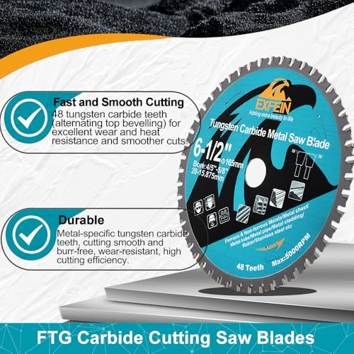 6-1/2" 48T Metal Circular Saw Blade - EXFEIN Tungsten Carbide Tipped Saw Blade Arbor 4/5" for Metal Sheet or Pipe, Angle Iron, Rebar, Ferrous Metals, Non-Ferrous Metals - size: 6-1/2"