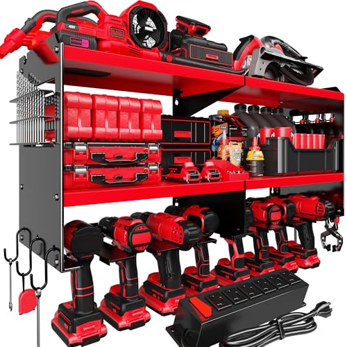 Spampur Power Tool Organizer Wall Mount with Charging Station - color: Red, size: 8 Slots