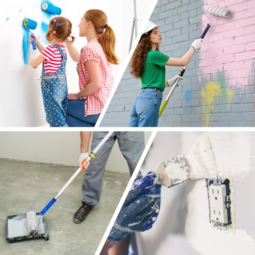 31 PCS Paint Roller Kit with Extension Pole 2 to 4 Ft,9"4"Paint Rollers Covers Frame Tray Painters Tape Professional Long Handle Paint Brush Roller Set for Painting Walls House Corner Stain Concrete