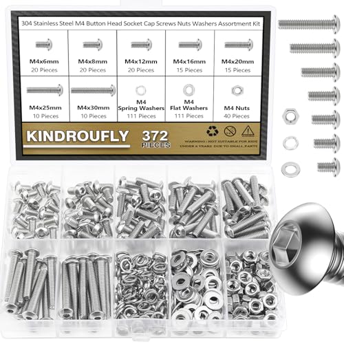 372 Pieces M4 x 6/8 /12/16 /20/25 /30mm Button Head Socket Cap Screws Nuts Washers Assortment Kit, 304 Stainless Steel, Fully Machine Thread - size: M4, style: Button Head