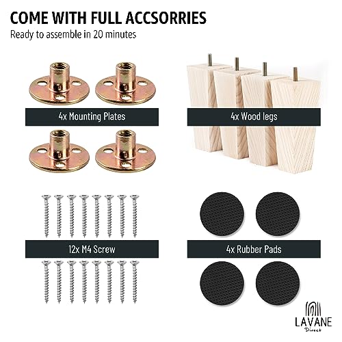 4 inch Unfinished Ash Wood Furniture Legs, LAVANE Set of 4 Mid-Century Modern Pyramid Wooden Replacement Feet with Pre-Drilled 5/16 Inch Bolt & Mounting Plate for Sofa Couch Bed Armchair Ottoman | Unfinished Ash Wood with Straight Grain, 400lb Load Capaci