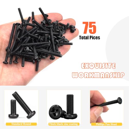 75 Pcs 5Sizes Black #6-32 Machine Screws Knob Screws Cabinet Screw Electricians Screw, Carbon Steel Zinc-Plated Phillips Pan Head Machine Bolts Assortment Kit - size: Black #6-32-5Size-75P