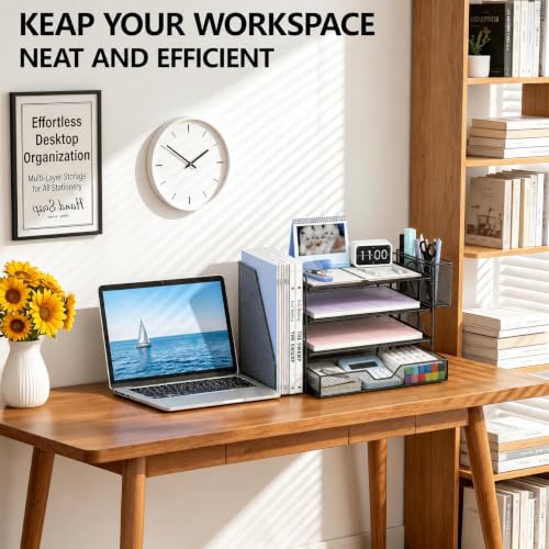 OPNICE Desk Organizers and Accessories, 4-Tier Desktop File Organizer with Drawer and Pen Holders, Office Desk Accessories Workspace Organizers for Office Supplies (Soft Black) - color: Soft Black, size: 4T