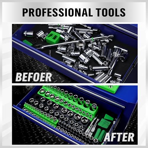 Magnetic Socket Organizer Set, 6-piece 1/4", 3/8", 1/2" SAE & Metric Sockets Holder, Drive Socket Trays, Storage Tool Box, Holding 143 Slots, Soft Rubber Covering Black Green Tools - style: 6PCS Green/Black