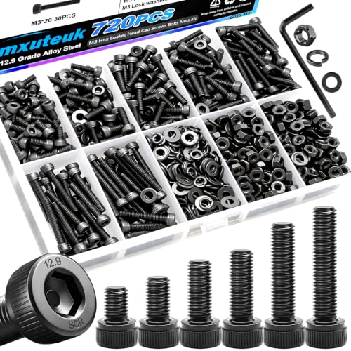 mxuteuk 720PCS M3 Screws Kit,M3×6/8/10/12/16/20mm M3 Screws Assortment Kits,12.9 Alloy Steel M3 Hex Socket Head Bolts Nuts Washers Set Suitable for 3D Printer,DIY - size: 720PCS M3