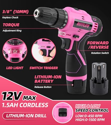 147 Piece Pink Power Drill Drivers Tool Set, 12V Cordless - style: 147 Piece Pink