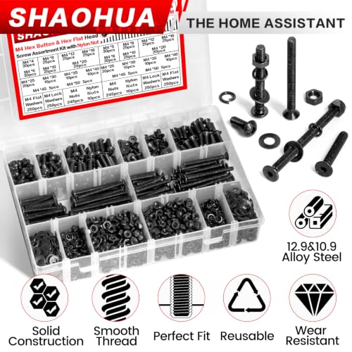 2002Pc M4 Hex Socket Button & Flat Head Bolts and Nuts w/Nylon Nut - size: M. M4