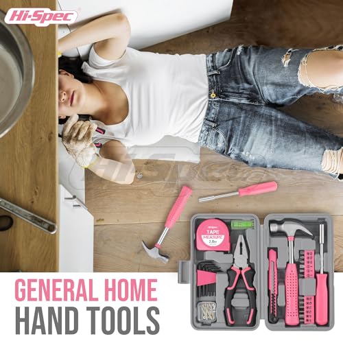 Hi-Spec Tool Set 25pc Pink Household DIY Tool Kit for Women. Small Mini Tool Box Set of Starter Basic Ladies Tools - color: Pale Pink