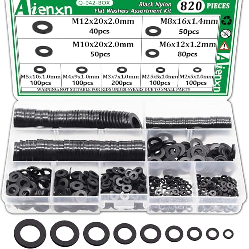 820PCS Black Nylon Washers Assortment Kit, Flat Washers for Bolts, 9 Metric Sizes Nylon Washers for Screws -M2, M2.5, M3, M4, M5, M6, M8, M10, M12 - size: BK M2-M12 (820PCS), style: Nylon Washer