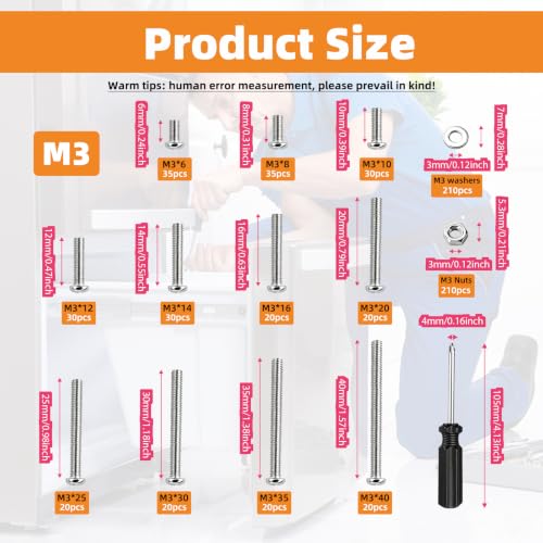 840PCS M3 Screws Assortment Kit, Phillips Round Head M3 Machine Screws Nuts and Washers Set, Zinc Plated Metric Fasteners Assortment for 3D Printer, Furniture Repair and DIY Projects