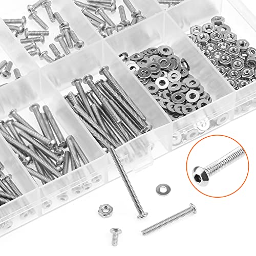 HELIFOUNER 250 Pieces #2-56 x 3/16" 1/4" 5/16" 3/8" 1/2" 5/8" 3/4" 1", Button Head Socket Cap Screws Bolts Washers Nuts Kit, Coarse Thread, Fully Machine Threaded, 304 Stainless Steel - size: #2-56, style: Button Head