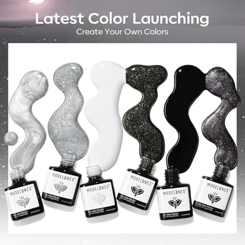 modelones Black White Gel Nail Polish, Hema Free Cat Eye Glitter Shimmer - color: A-2 Midnight Stardust