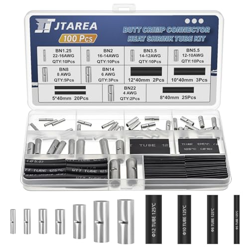 7 Values Non Insulated Butt Connectors Crimp with Heat Shrink Tube Uninsulated Wire Crimps Connector Pure Copper Splice for 22-16 16-14 14-12 12-10 8 6 4 AWG Gauge Wiring (Pack of 100pcs)