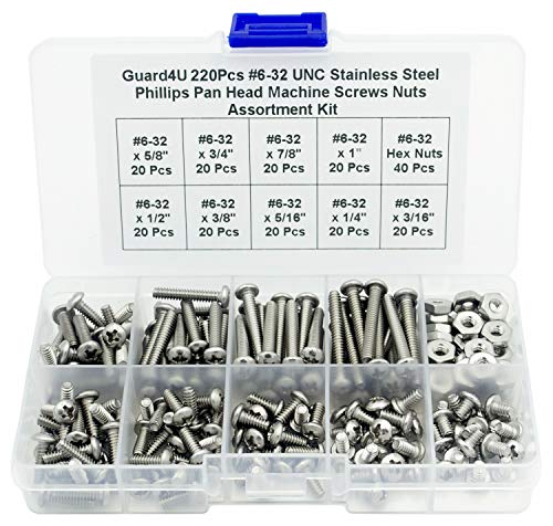 220Pcs #6-32 UNC Stainless Steel Phillips Pan Head Machine Screws Nuts Assortment Kit- #6-32x 3/16" 1/4" 5/16" 3/8" 1/2" 5/8" 3/4" 7/8" 1" - size: #6-32