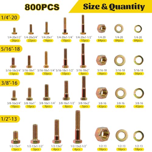 800PCS 1/4-20, 5/16-18, 3/8-16, 1/2-13 Hex Bolts & Nut Assortment Kit - size: 1/4-20 5/16-18 3/8-16 1/2-13 800pcs