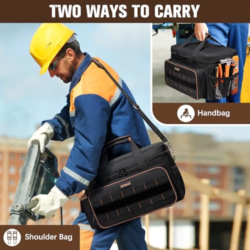Tool Bags for Men, 17 Inch Heavy Duty, 20 Pockets, Wide Mouth | Full-opening design, 900D Oxford and shoulder strap for worksites, for electricians, mechanics, carpenters and HVAC techs