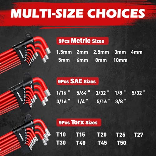 SEDY 30-Piece Long Arm Ball End L-Hex & Torx Key Set with Grip Handle, Ultimate Hex Key Wrench Set with T-Handle and Extension Bars, SAE 1/16" to 3/8", Metric 1.5mm to 10mm, Torx T10 to T50 - style: 30-Piece Set (with T-Handle)
