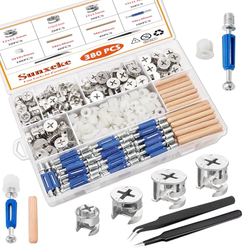380PCS Cam Locks for Furniture,Include 300 Multi-Size Cam Bolt & Nuts Set and 80 Wood Dowel Pins,3-in-1 Eccentric Wheels Furniture Cam Lock Fasteners for Cabinet,Wardrobe and Drawer - size: 380PCS-Silver
