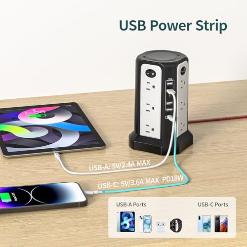 10FT Extension Cord with Multiple Outlets PASSUS Tower Surge Protector - style: Black White-Thin Plug